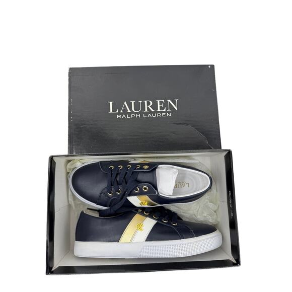 Ralph Lauren Shoes - Ralph Lauren Womens Jason II Leather Sneakers Size 6 Navy Gold Logo Retro Preppy